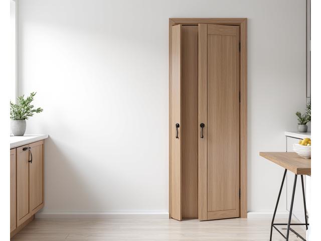 Modern kitchen with a light wooden bi-fold door concealing a pantry. The door has neat hardware and blends with the contemporary kitchen design.